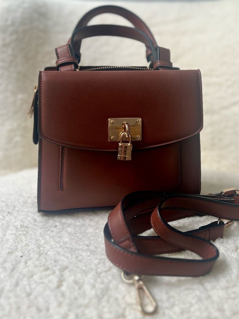 Classic Brown Leather Top-Handle Satchel with Gold Lock NWOT